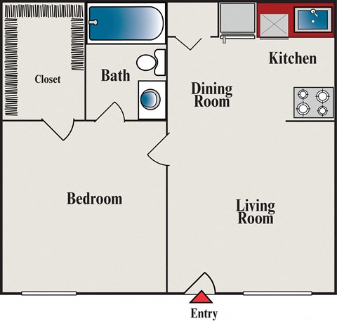 Floor plan for 1 bed, 1 bath, 500 sqft